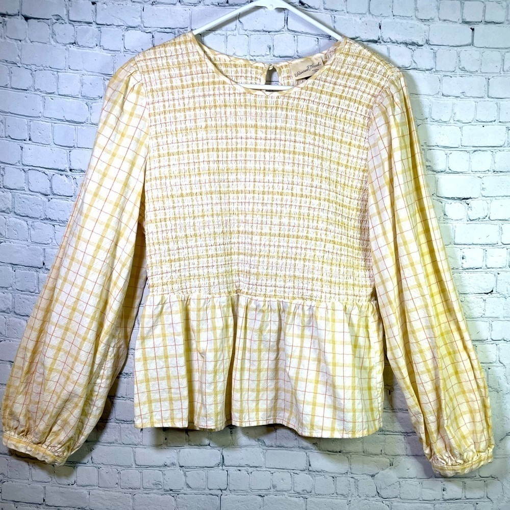 Like New Universal Thread Peasant Yellow Plaid Blouse Womens XL